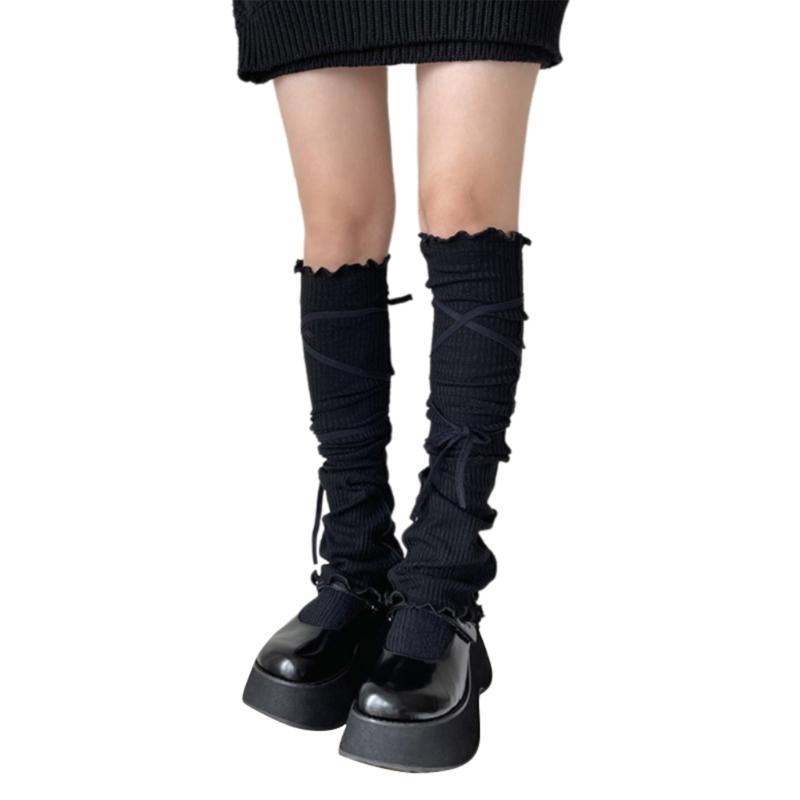 Japanese Ribbed Thigh High Leg Warmers Lace Up Bandages Over Knee Flared Leg Covers Ruffle Trim Footless Socks for Women