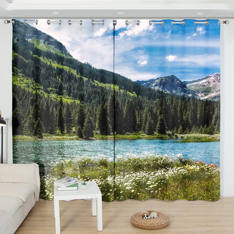 2Panel Tourist Landscape Curtains Green Tree Blue Sea Printed Curtains Custom Bedroom Living Room Semi-blackout Window Cortinas