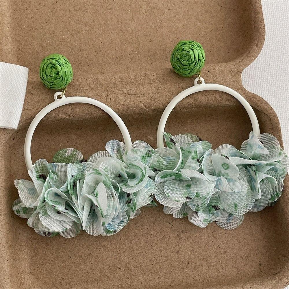 Sweet Fabric Flower Eardrop Colorful Exaggerated Earrings Fashion Mesh Flower Earrings  Beach
