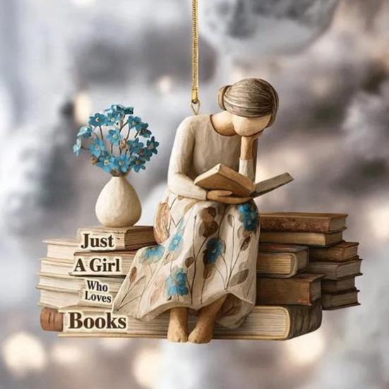 Just A Girl Who Loves Book Christmas Ornament 2D Flat Acrylic Reading Lovers Hanging Ornament Gifts for Readers Book Lover Students Teachers