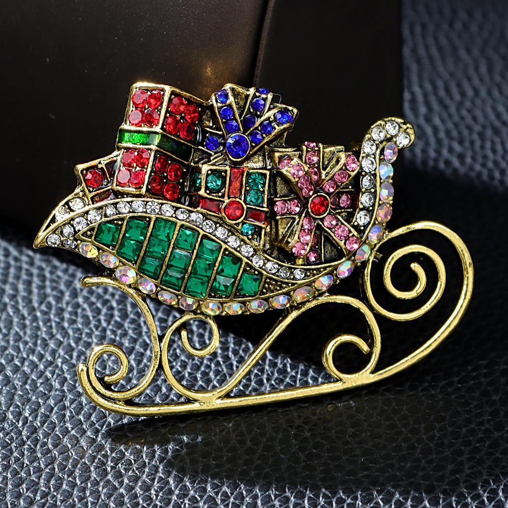 Rhinestone Large Sled And Christmas Gift Brooch Luxury Fashion Party Decoration Pin New Design 2023