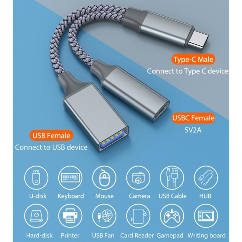 USB C OTG Adapter, 2 In 1 USB C Splitter with PD10W Fast-Charging Type-C Otg and USB A Female Port Nylon Braid Cable