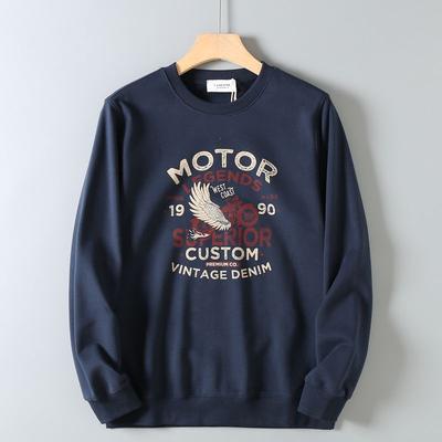 Men's Casual Printed Versatile Round-Neck Long-Sleeve Pullover Sweatshirt with Fleece Lining for Autumn and Winter, Export Surplus