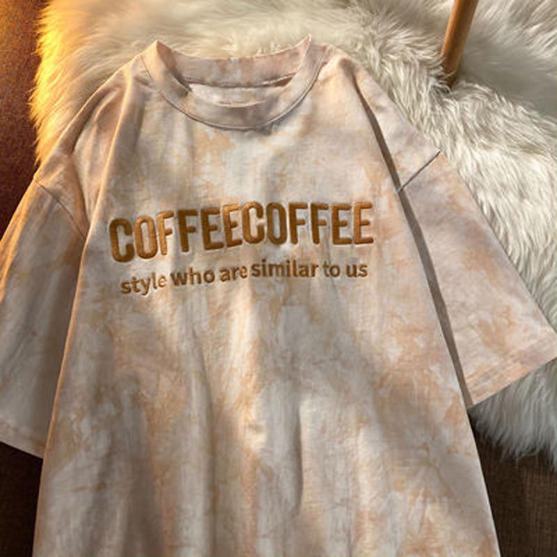 

Лето 2022 г. Топы с короткими рукавами в стиле тай-дай с вышитыми буквами для женщин и пар L абрикосовый