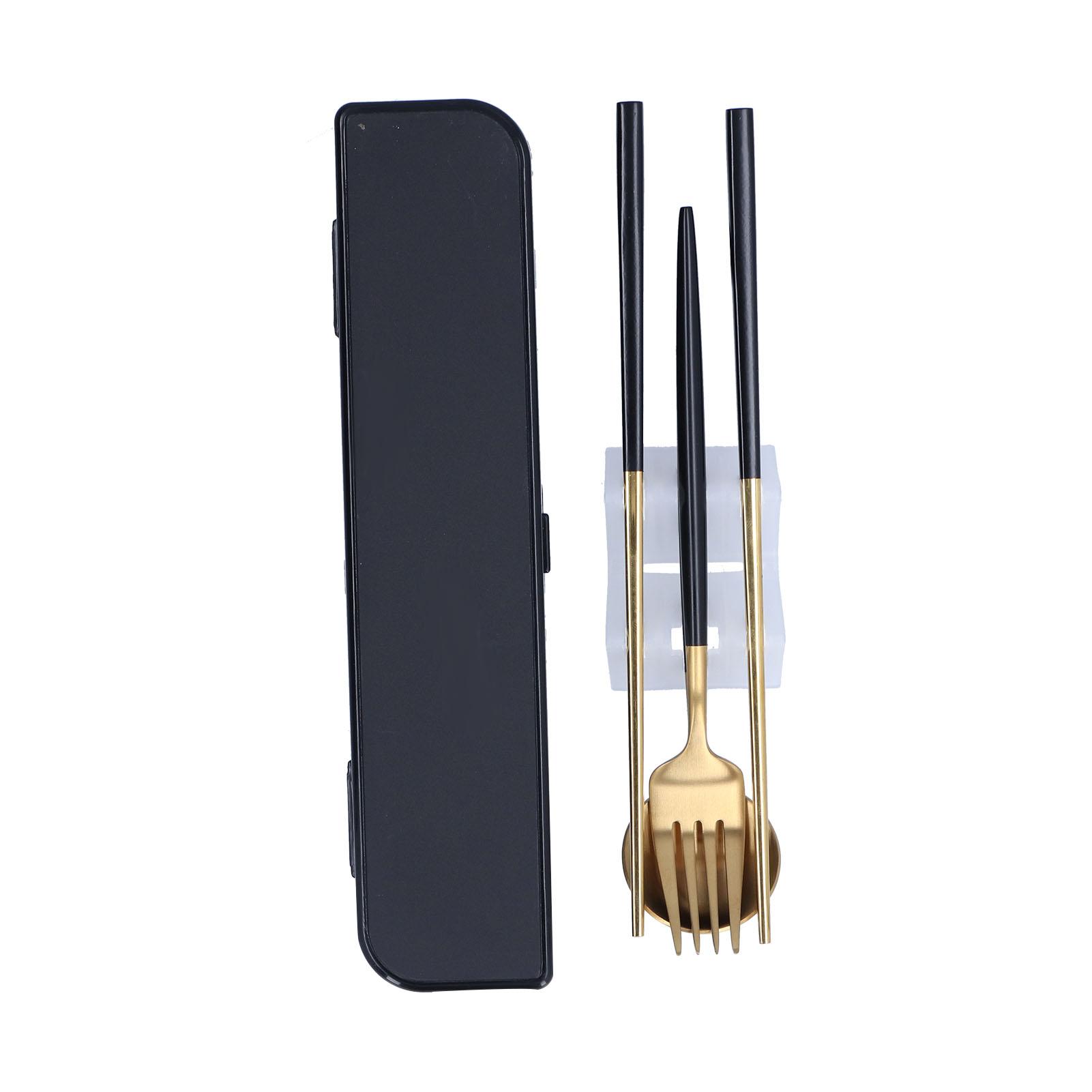 

3Pcs Set Portable Travel Utensils Stainless Steel Spoon Fork Chopsticks Set for SchoolBlack Gold (Black Storage Box)