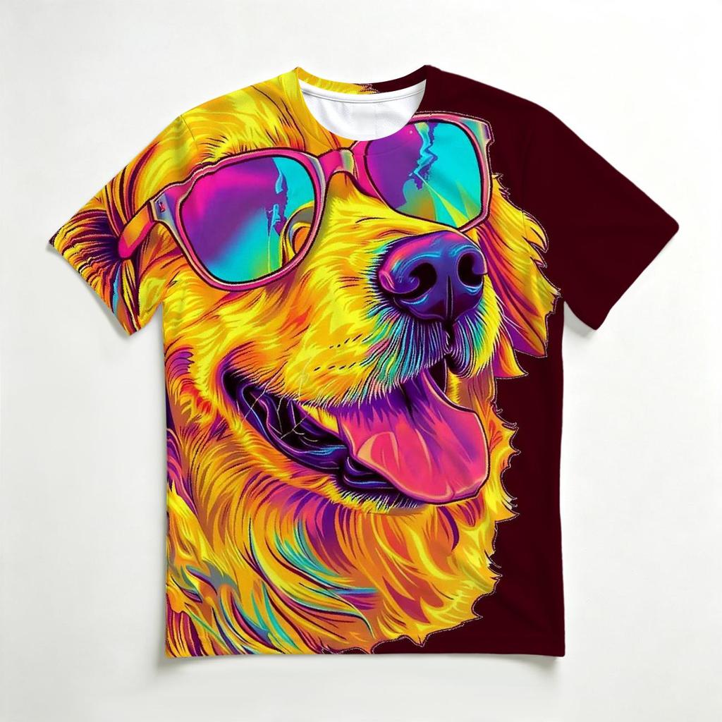 Men's Crew Neck 3D Print T-Shirt, Colorful Golden Retriever With Sunglasses Graphic Casual Short Sleeve Tee