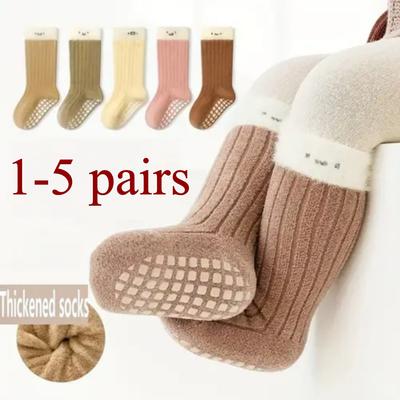 5-1 pakuotė Vaikų grindų kojinės, Rudens/Žiemos Fleece pamušalu storos šiltos unisex kūdikių pusblauzdinės kojinės, Mažylių neslystančios kojinės vaikščiojimui