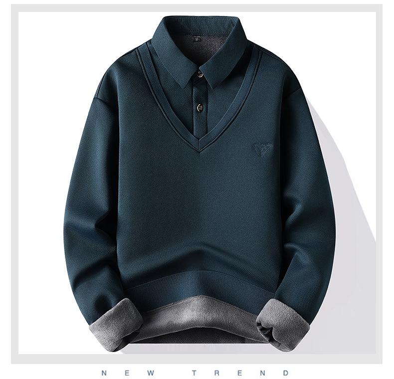 Men's Fleece-Lined Two-Piece Look Warm Sweater with Shirt Collar
