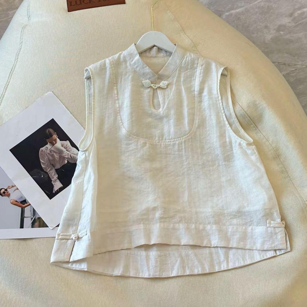 2026 Summer Retro Sleeveless Chinese-Style Slimming Pink Top with Frog Buttons for Women