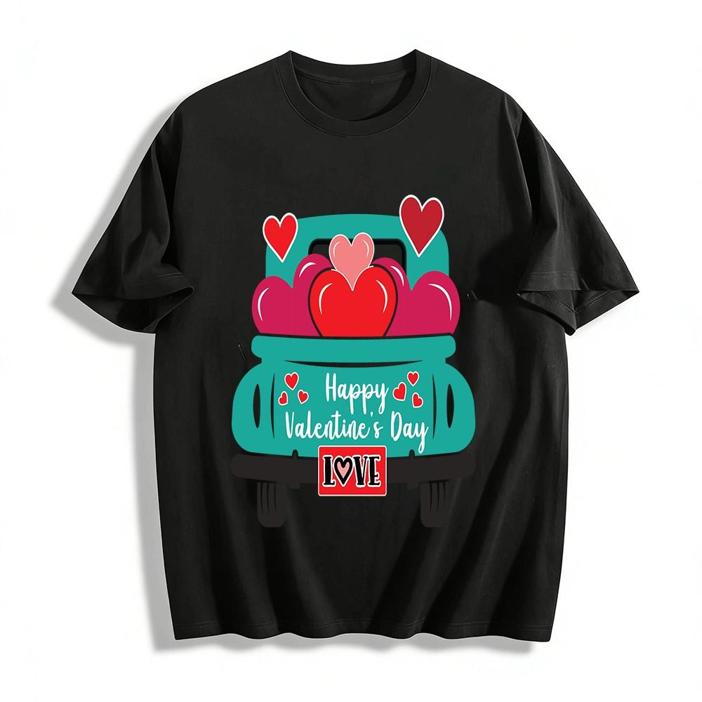 Happy Valentine s Day Heart Truck Graphic Casual Top Pure cotton T-shirt XXS