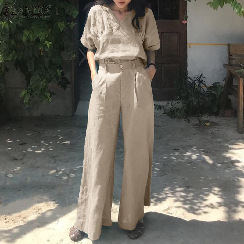 

ZANZEA повседневная летняя одежда, женская блузка, брюки, комплект из двух предметов