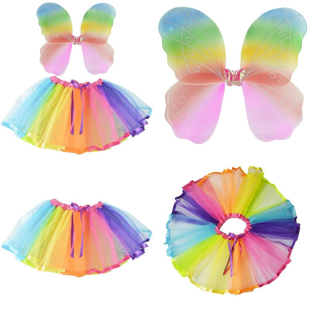 Halloween Dancewear With Rainbow Net Skirt And Single Layer Wings For Kids Party