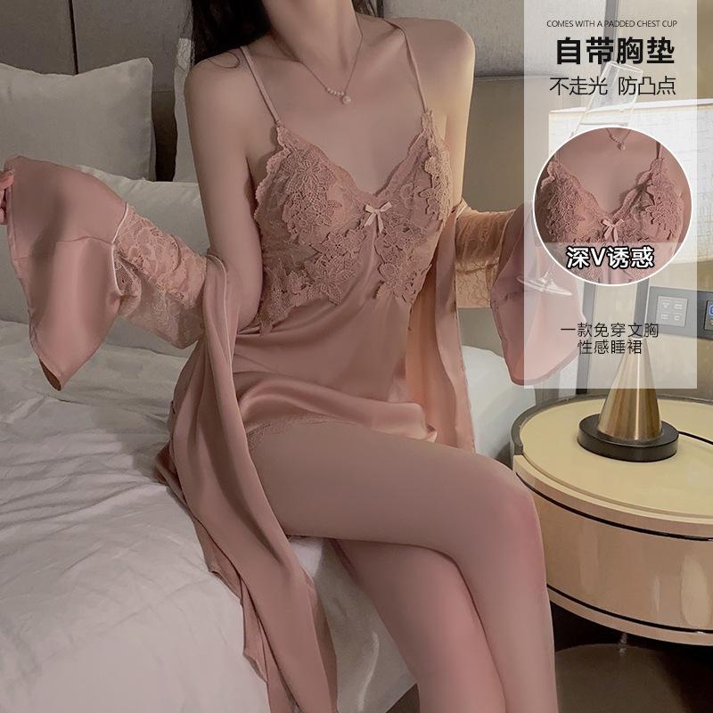Women's Satin Lace Deep V Padded Cross Backless Cami Sleep Dress with Robe Lounge Set