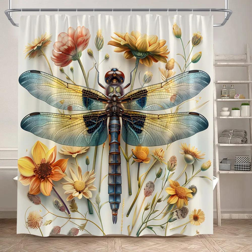 Colourful Dragonfly Shower Curtains Full Moon Night Starry Sky Plant Floral Bath Curtain Polyester Fabric Bathroom Decoration