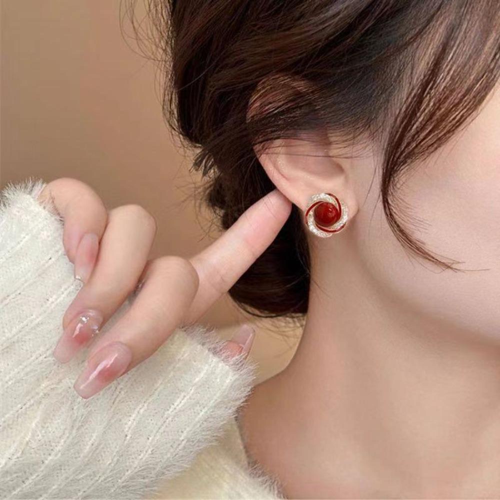 Vintage Rose Pearl Ear Studs Geometric Autumn Winter Earring Wine Red New Year Earring Wedding