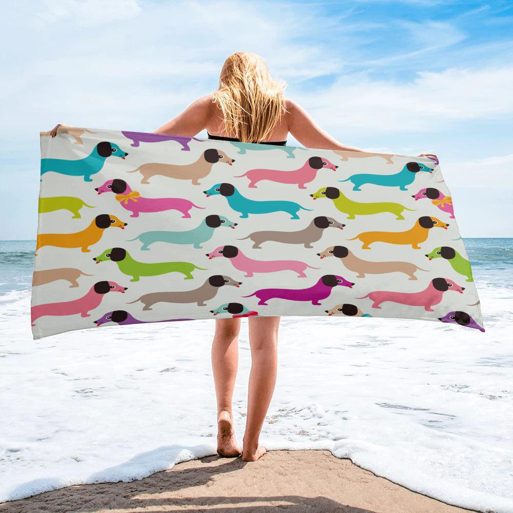 Cute Cartoon Dachshund Dog Pet Beach Towel Super Water Absorbation Bath Towel Travel Bathroom Camping Towel for Adults Kids Gift