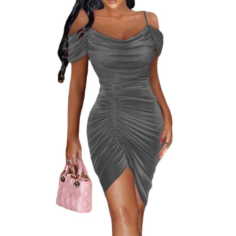 Women's Satin Cowl Neck Off Shoulder Ruched Bodycon Dress High Slit Party Midi Dress