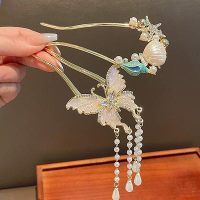 New Beach Style Shell Conch Starfish Hair Sticks for Women Butterfly Pearl Long Tassel Hair Stick Hairpin Head Accessories