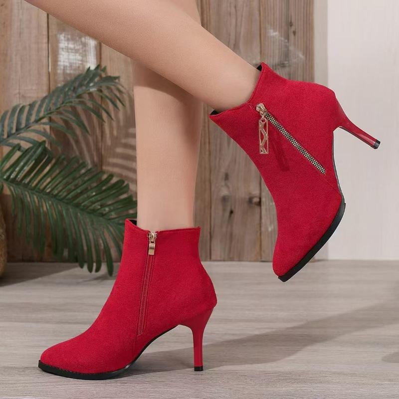 Fashion high-heeled short boots women's autumn and winter velvet thin heels women's boots pointed versatile and thin boots