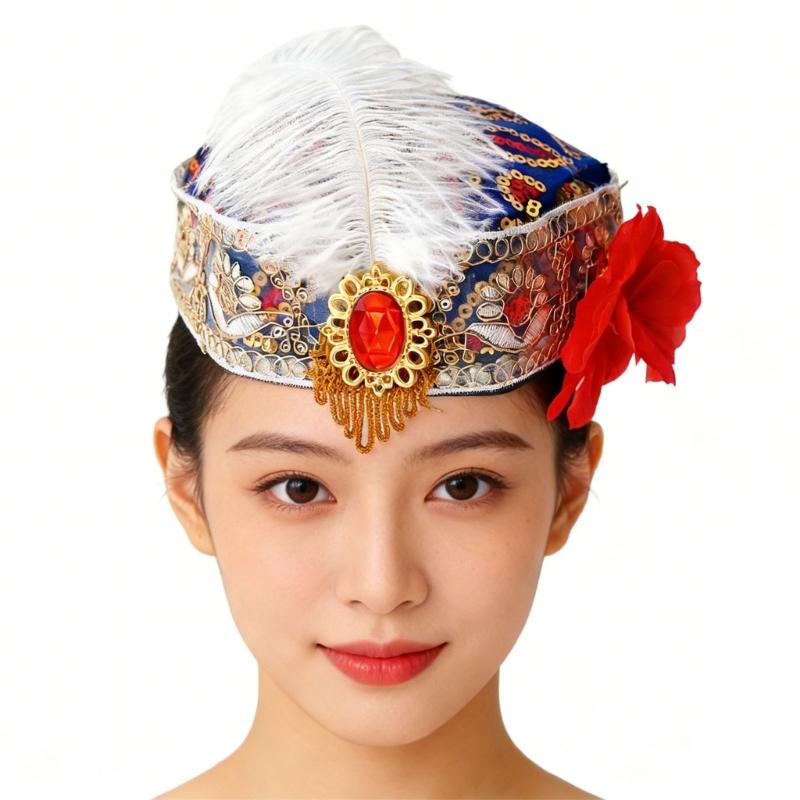 Uyghur Nationality Hat With Embroidery Pattern And Feathered For Women Cosplay Parties And Carnivals Cultural Festival