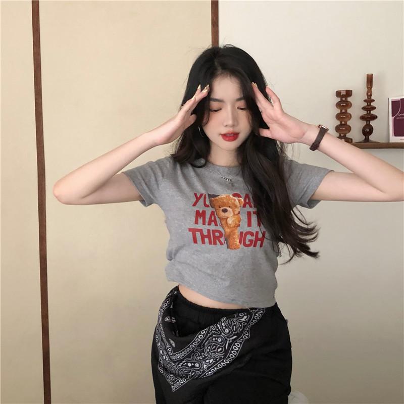 

2022 Vintage Women Letter Bear Print T Shirt Graphic Tees Tops XXL світло-сірого кольору