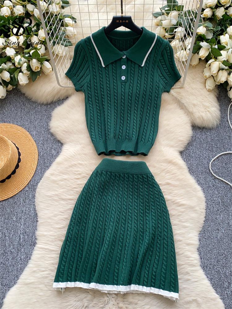 Fashion Knitted 2pc Two Pieces Suits Skinny Short Sleeves Polo Shirt+Short Skirt Drilled Women Simple Style Summer Sets