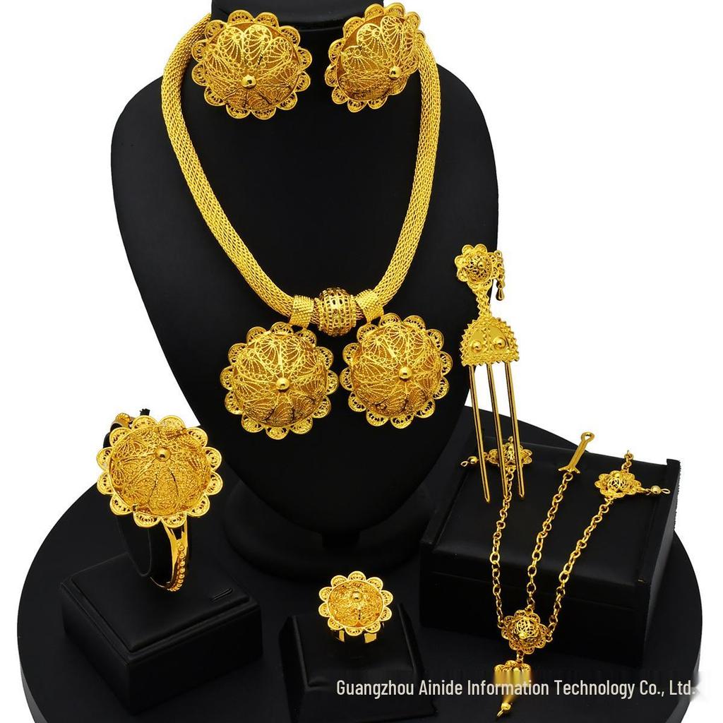 Set di Gioielli in Lega Placcata Oro Vietnamita per Spose Africane: Ornamenti Etiopi da Donna in Sei Pezzi.