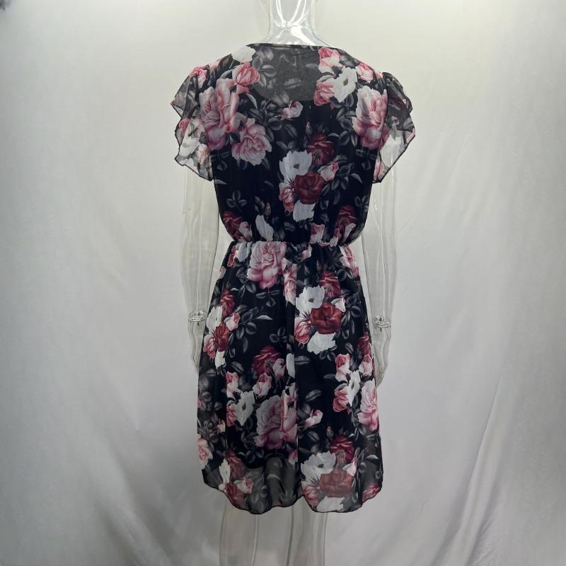 IHUASU Summer Holiday Style Ruffle Short Sleeve Chiffon Printed Rose Dress