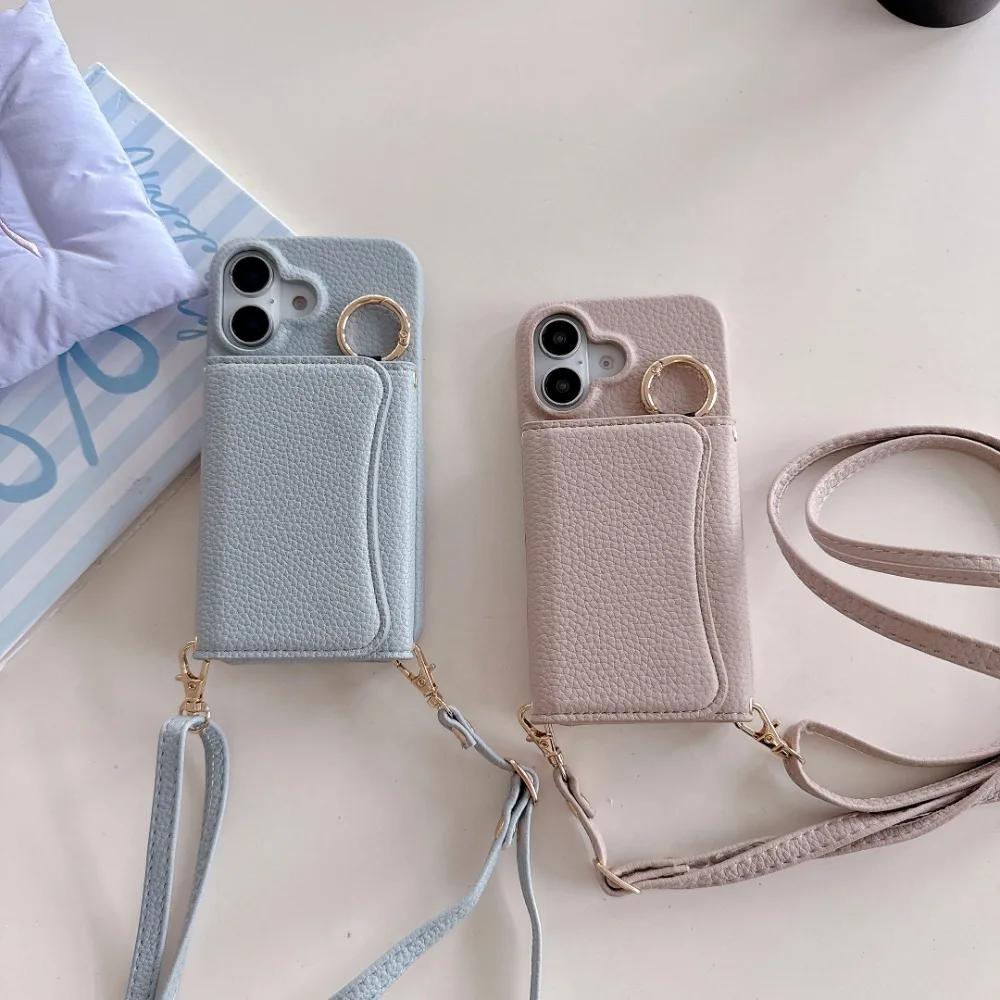 Wallet Card Holder Slot Phone Case for IPhone 16E 16 15 14 Pro 13 12 Mini 11ProMax Ring Crossbody PU Leather Anti-fall Cover