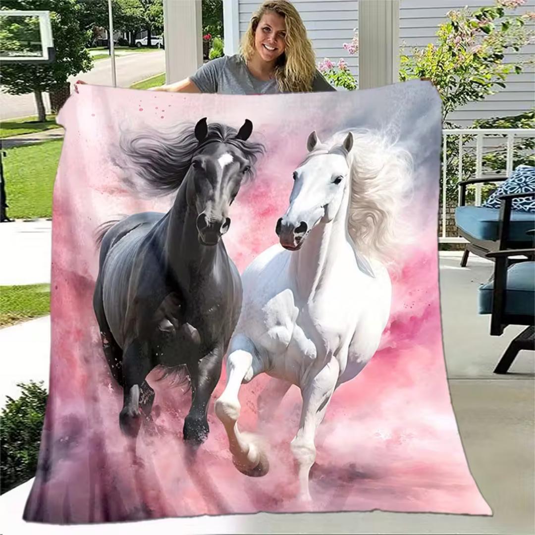 

1pc Pink Blanket Love Black White Horse Printed Throw Blanket Winter Kids Couch Bed Fluffy Bedspread Birthdat Gift for Adult 30x40in