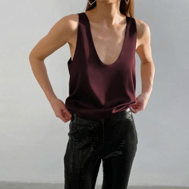 Womens Satin Deep V Neck Loose Camisole Summer Casual Top