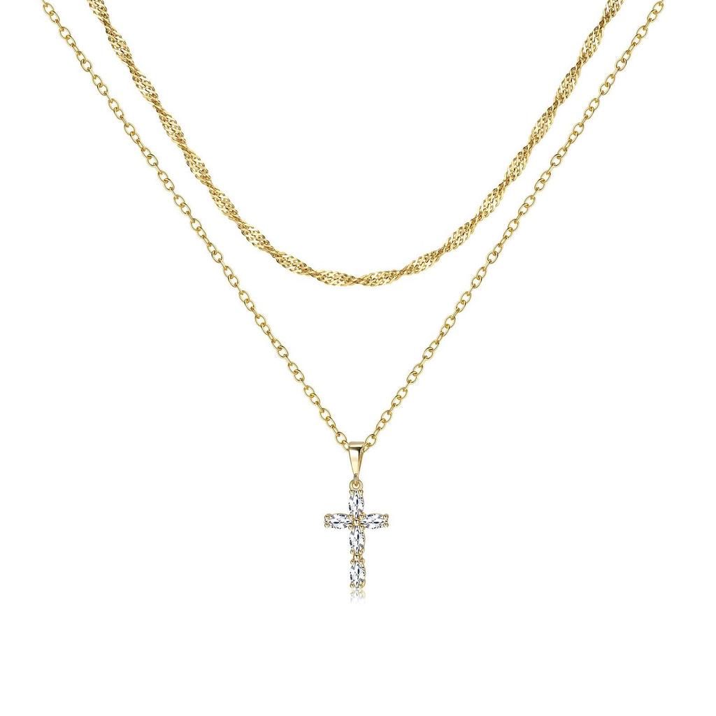 Eco-friendly 18K Gold Double Layer Cross Necklace with Marquise Zircon Water Wave Chain