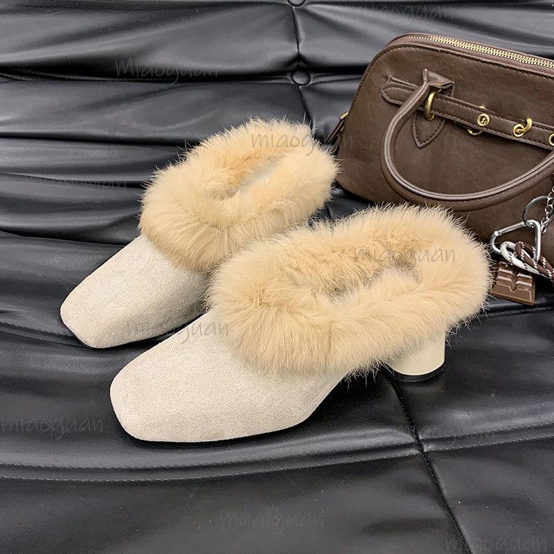 Autumn Winter Women's Fuzzy Slippers High Heel Mules Chunky Heel Plush Slides French Style Luxury Cotton Slippers Elegant Shoes
