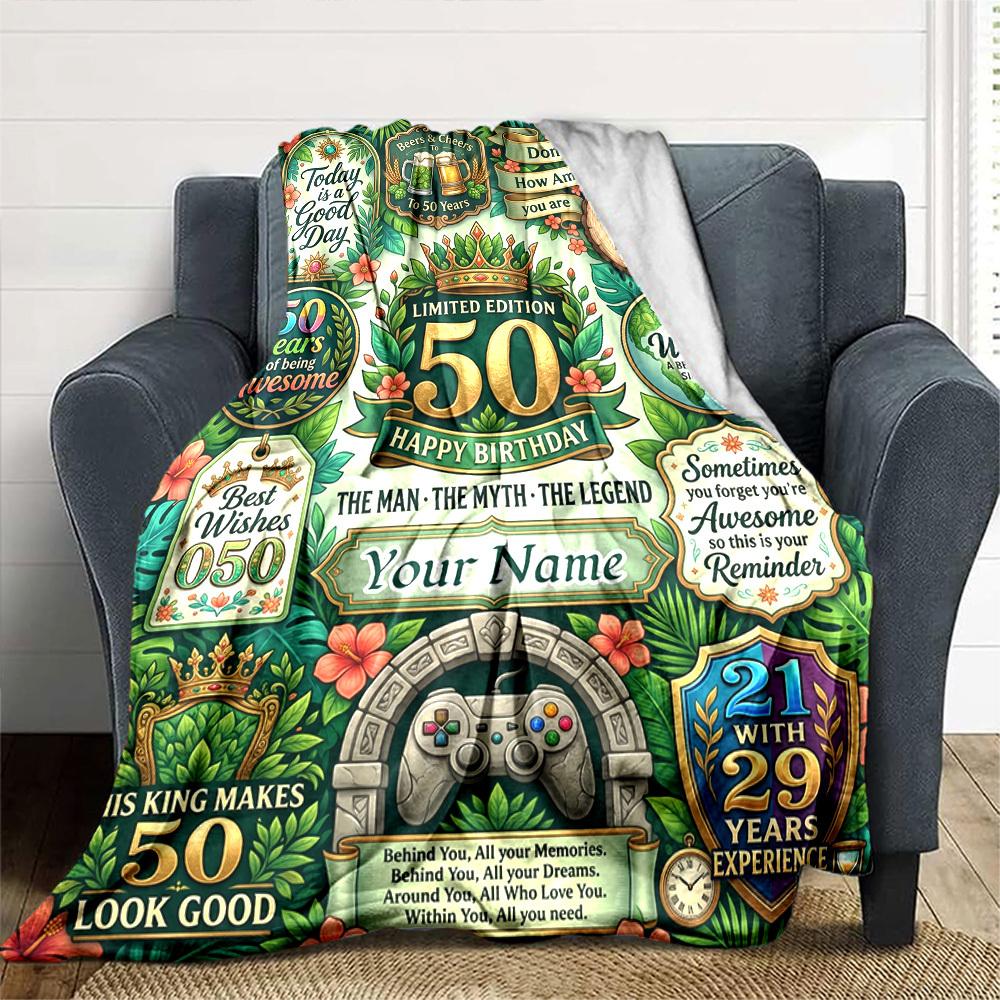 Happy 50Th Birthday Blanket Customize Your Name Warmthful Decor Perfect For Sofa Couch Office Bed Picnics For All Occasions Stylish Decor Perfect Gift