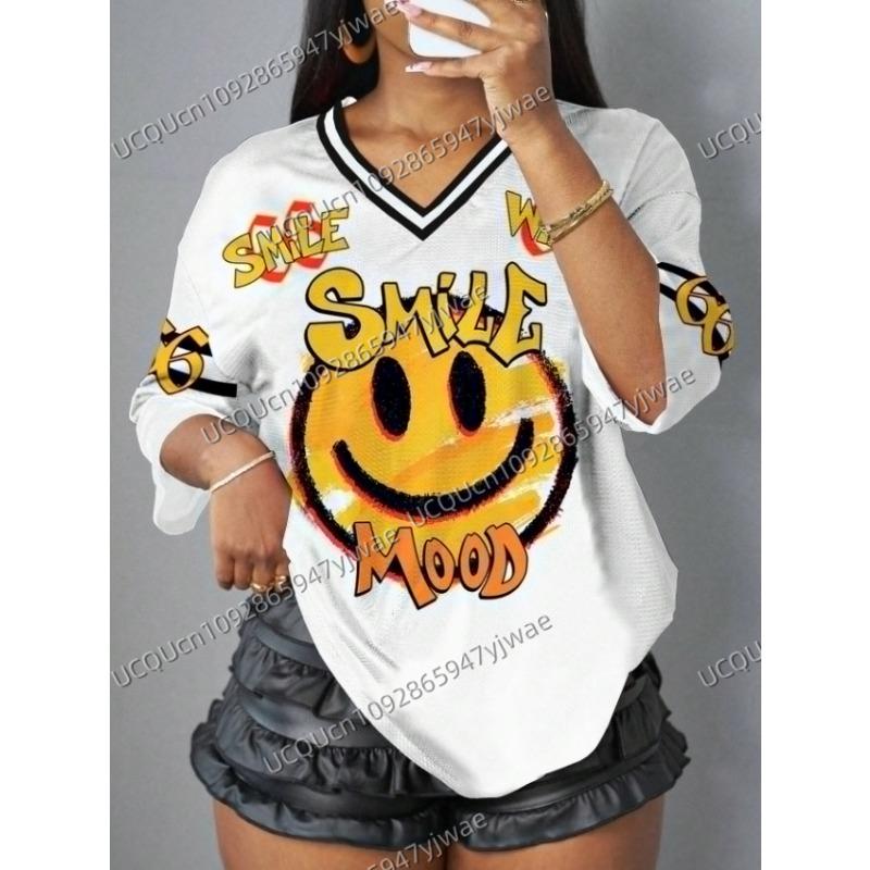N°66 T-shirt de sport à manches courtes pour femmes avec imprimé décontracté visage souriant, lettre et chiffre pour l'été, hauts en maille