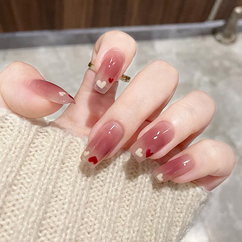 Japanese Style Medium Length Wearable False Nails with Pearl Butterfly Detachable Stickers