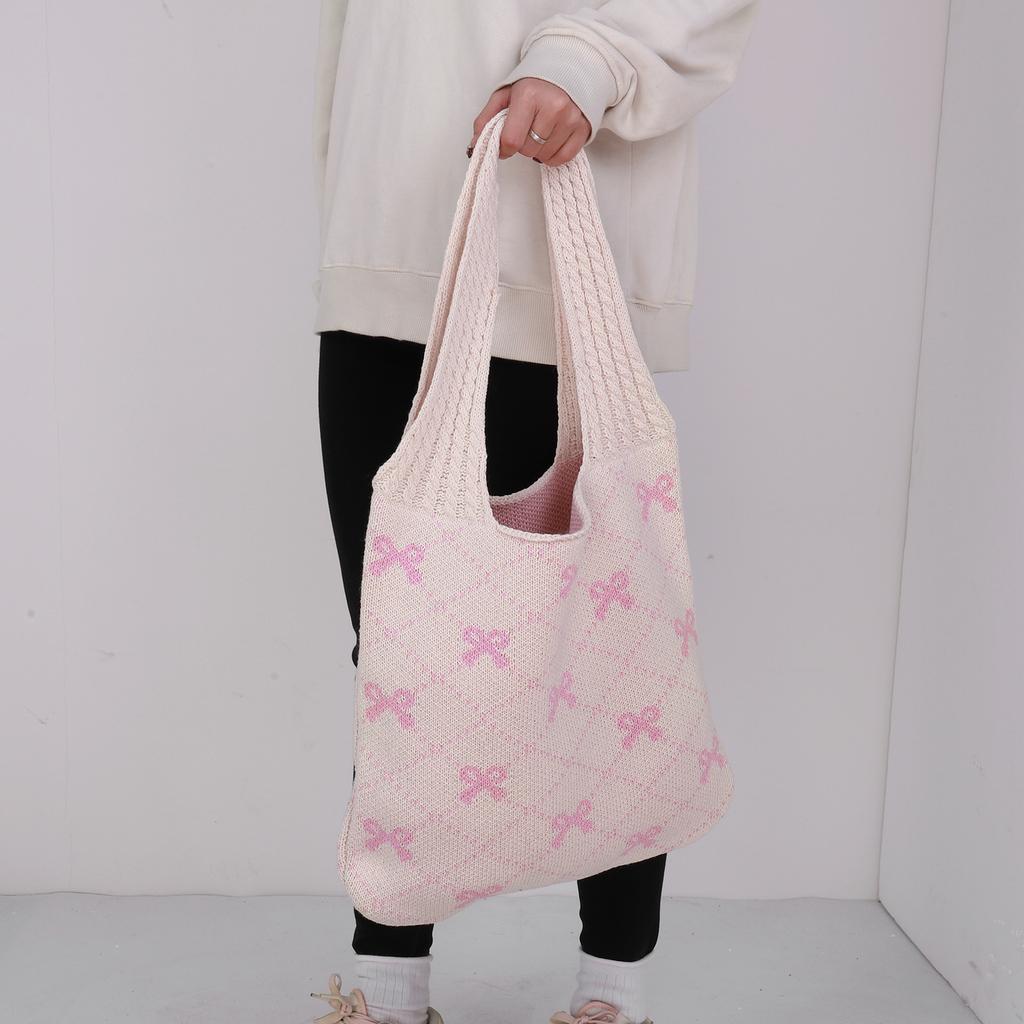 Women Crochet Tote Handbag Large Capacity Crochet Grocery Bag Contrast Color Travel Shopping Handbag Female Holiday Bag