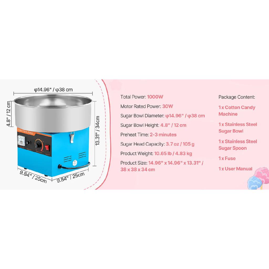 SucceBuy Cotton Candy Machine Commercial 1000W Electric Candy Floss Maker Easy Use with 15 Inch Stainless Steel Bowl for Kids