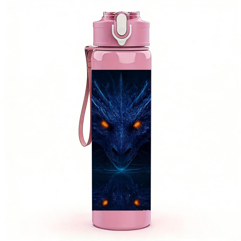 1 Stück Dunkler leuchtender Augen-Drache Fantasy-Porträt Druck 750ml Farbe Kunststoff Sport-Wasserflasche Auslaufsicher Klappdeckel mit Strohhalm Geeignet für Sport Büro
