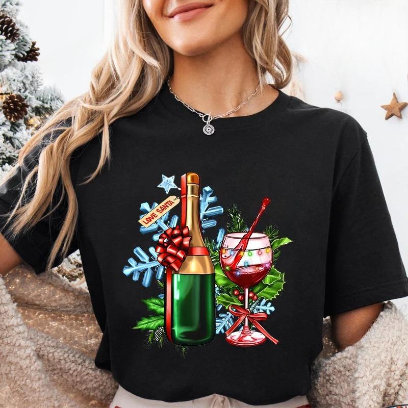 Lumières de Noël Verre à Vin Rouge T-shirt Femme Mode Fête de Noël Tops Harajuku Esthétique Décontractée Hauts de Fête pour Femmes