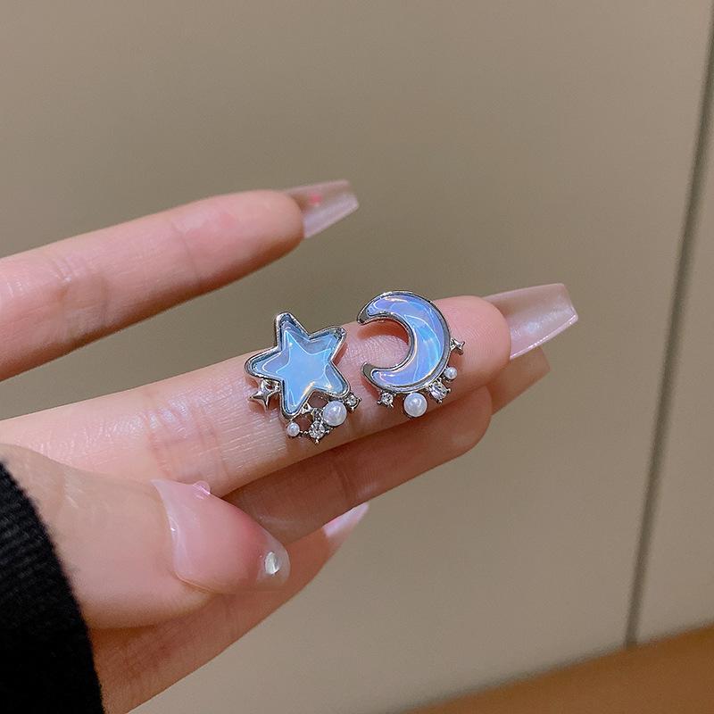 

S925 silver needle exquisite blue star and moon pearl stud earrings women s niche design earrings sweet and cute earrings