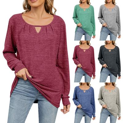 Women's Solid Color Ruffled Hollow Loose Round Neck Long Sleeve T-shirt