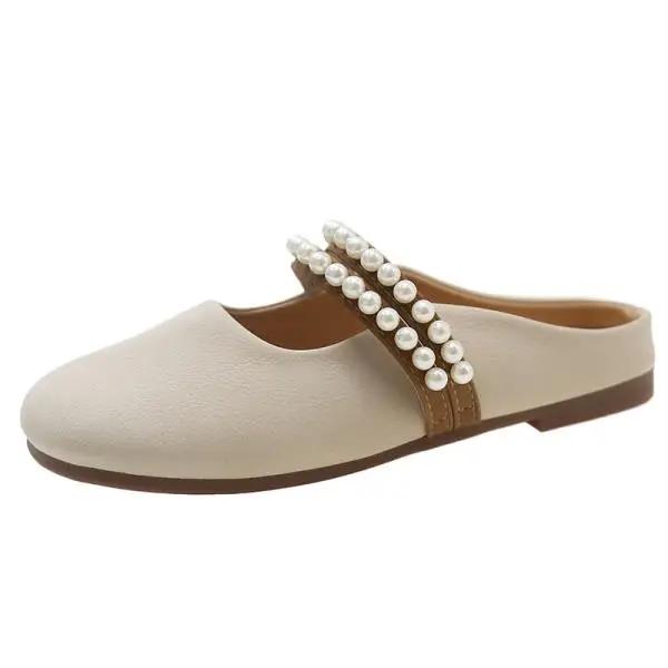 Cover Toe Shoes Woman  String Bead Low Slippers Casual Pantofle Loafers Female Mule Luxury New Mules Flat Slides Hoof Heels