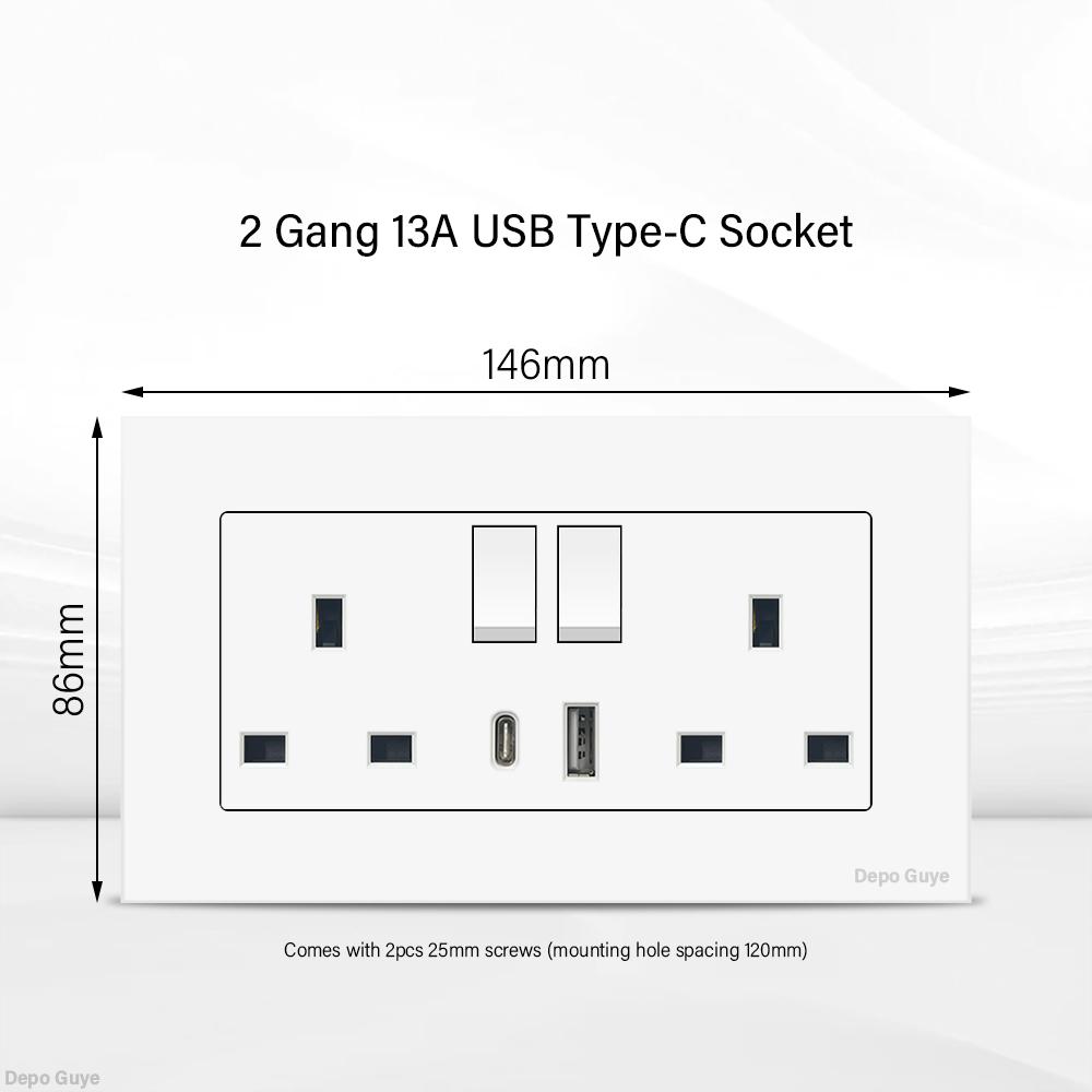 UK 13A Wall Socket with USB Type C 18W Quick Charge Power Outlet,Universal Electrical  Wall Light Switch Dual 3-pin Socket 220V
