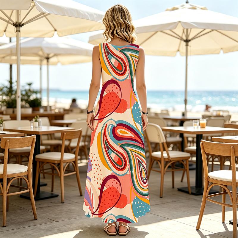 A-Line Maxi Dress Bohemian Style Loose Sleeveless Flowy Dress,Lightweight Breathable for Summer Casual Daily & Vacation,Versatile Long Dress