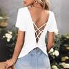 Women's Spring and Summer Loose V-neck Back Hollow Cross Strap Short Sleeve T-shirt
