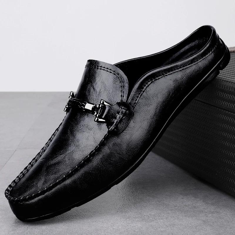 Fashion 2025 Summer New Men's Half Dragged Loafers Leather Comfortable Anti Slip Lazy Fashionable Outdoor Men's Breathable Driving Shoes