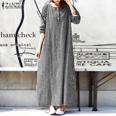 Vestido feminino estampado em grade com botão frontal manga comprida