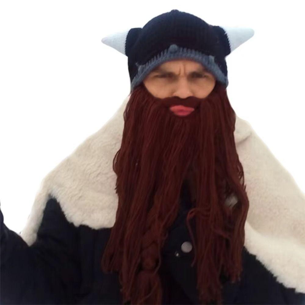 Horn Hat Viking Beard Beanie Handmade Knit Big Beard Mask Hat Wig Beard Hats Costume Accessory