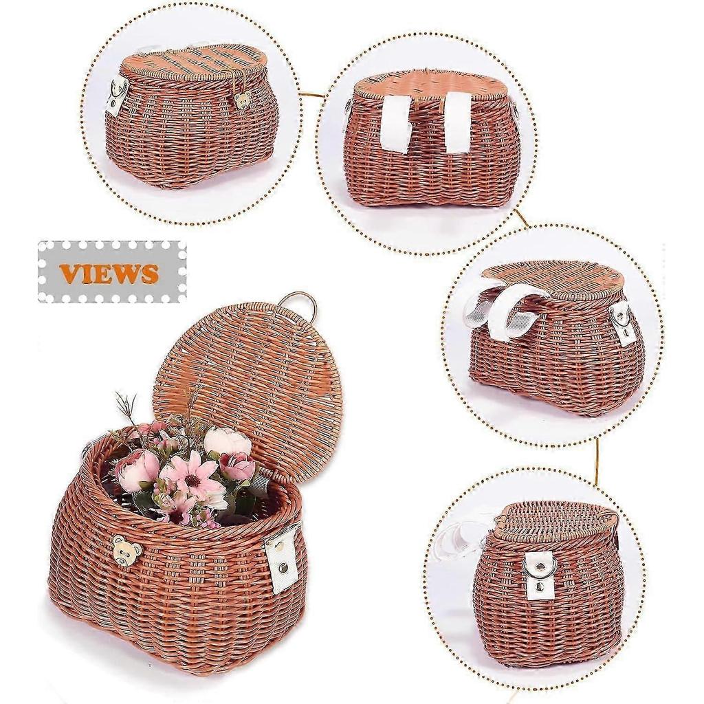 Kids Bike Basket Set, Tricycle Basket, Handwoven Children Bike Basket with Lid & Shoulder Strap, Front Handlebar BasketBrown